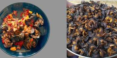 Two images: cooked sea snails in a bowl and raw live sea snails on a tray.