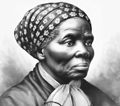 Black and white portrait of a dignified elderly woman wearing a patterned headscarf.