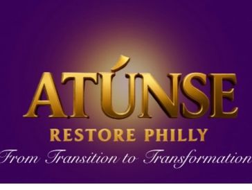 Gold text on purple background: ATÚNSE Restore Philly, From Transition to Transformation.