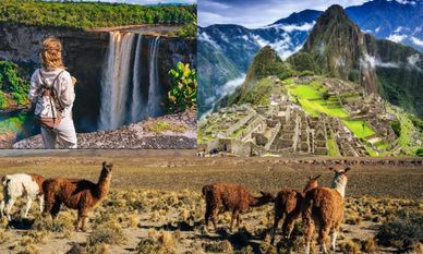 A woman views a waterfall; Machu Picchu ruins; and llamas in a mountainous landscape.