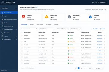 Dashboard displaying PVWA account health status with categories and detailed account list.