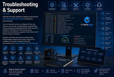 CyberArk troubleshooting and support guide with system health, alerts, and methodology visuals.