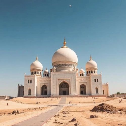 The Taj Mahal stands majestic under a clear blue sky in a sandy landscape.