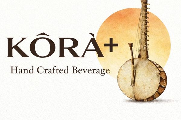 Logo for KÔRÀ+ hand crafted beverage with a traditional string instrument and orange sun.