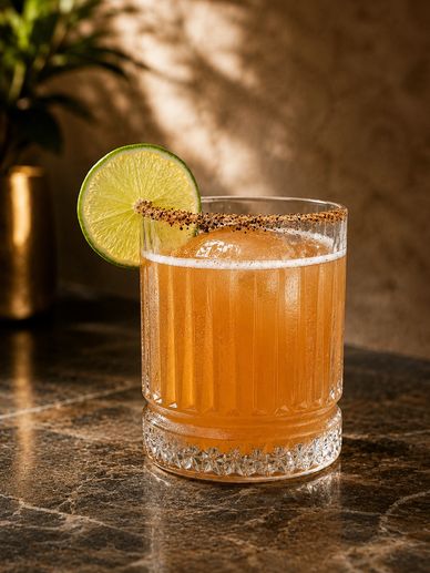 Orange cocktail with a lime slice and spiced rim in a glass on a marble surface.