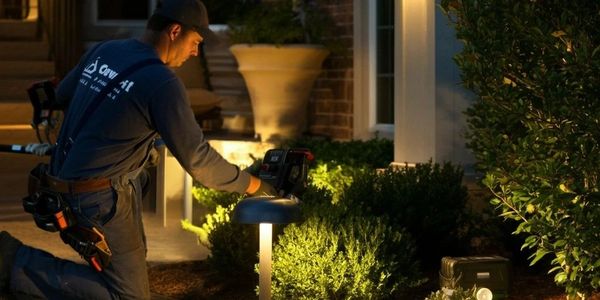A technician installs outdoor landscape lighting at night by a garden path.