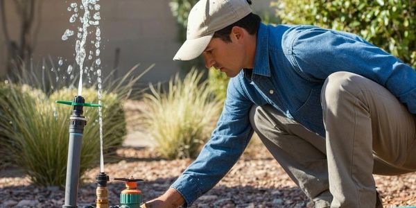 Man adjusting a garden sprinkler system in a rocky yard.