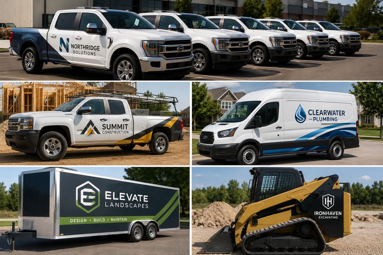 Fleet of branded vehicles and equipment for various construction and service companies.