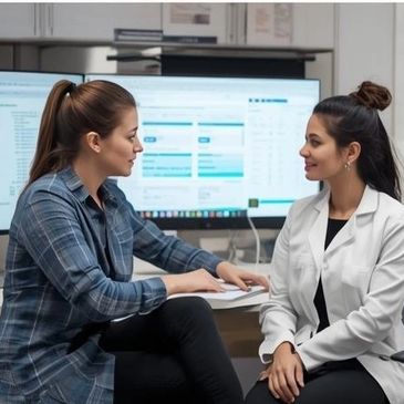 A doctor consulting a patient in a medical office with computer screens in the background.