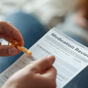 Person holding medication and a medication review form.