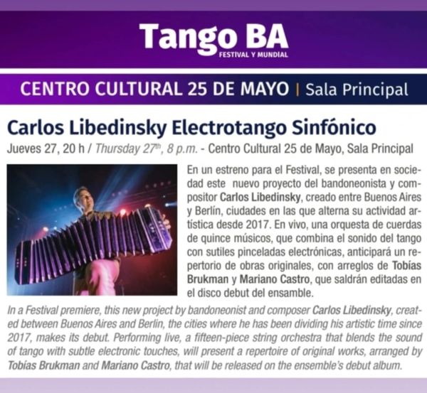 Anuncio del concierto Carlos Libedinsky Electrotango Sinfónico en Tango BA.