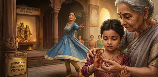 An elderly woman teaches a young girl hand gestures in a traditional setting with a dancer in the background.