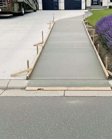 Freshly poured and smoothed concrete sidewalk with wooden framing on both sides.