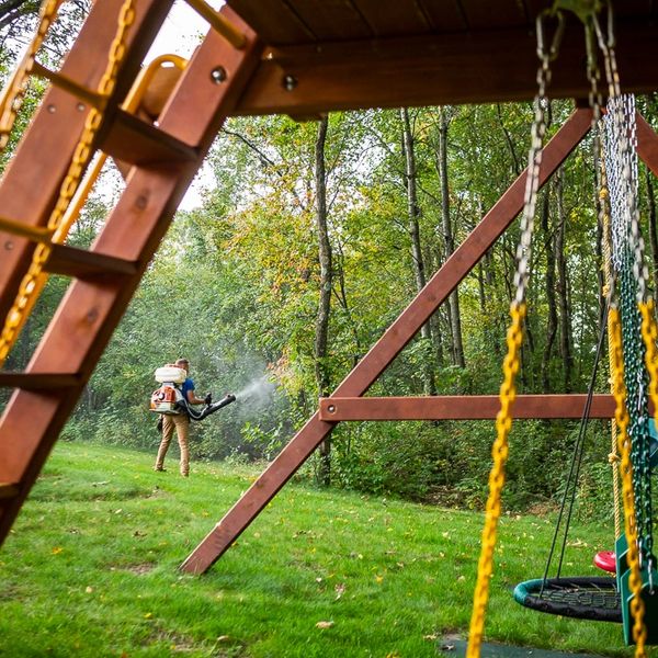 Person using a leaf blower in a backyard with a swing set.