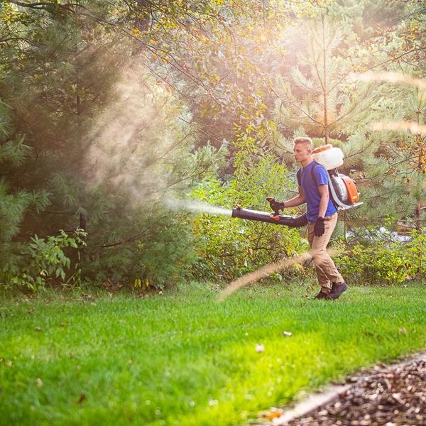 Man using a backpack leaf blower in a sunny garden.