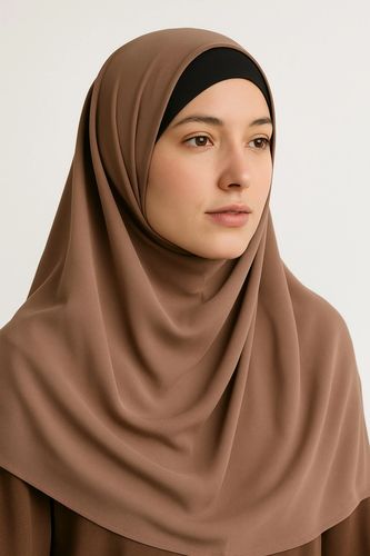 Chiffon hijab in soft brown color, elegant modest fashion headscarf, stylish hijab for everyday wear and special occasions.