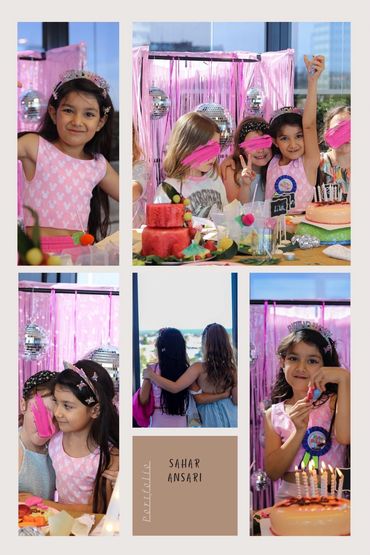 Happy children celebrating a birthday party with colorful decorations and cakes.