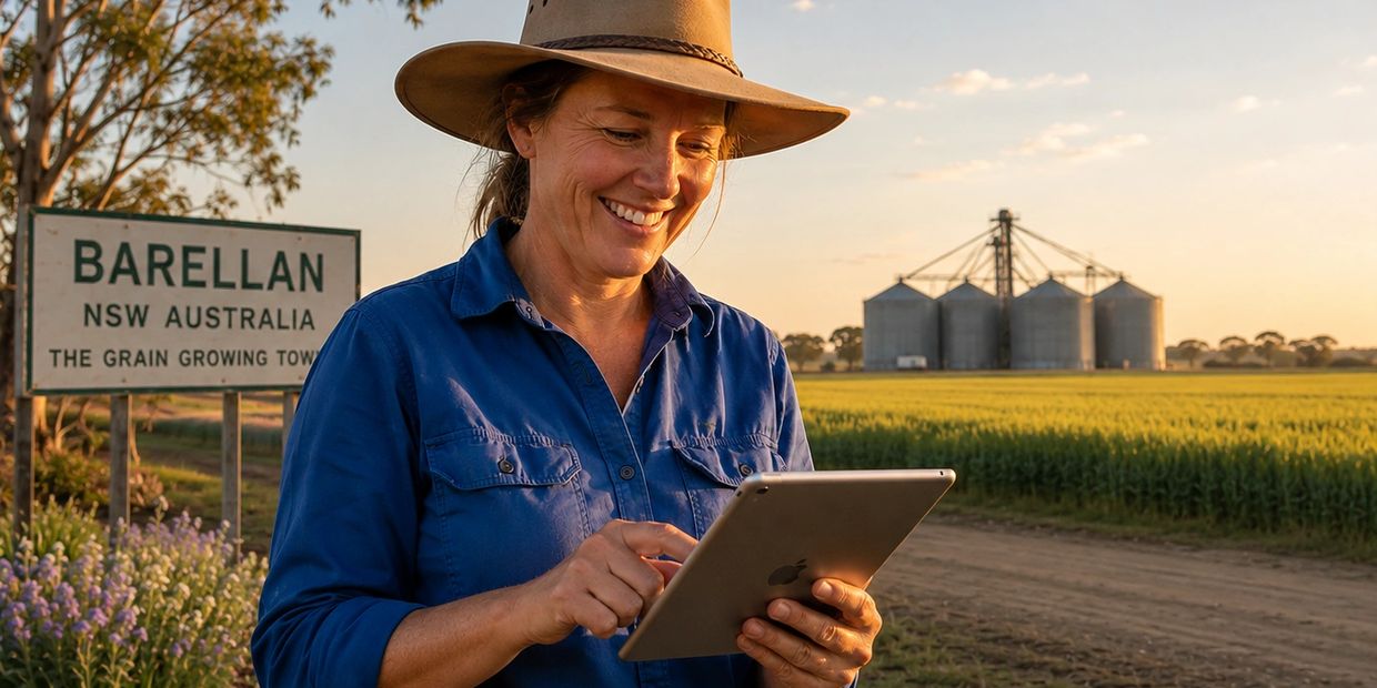 Smiling farmer using a tablet in a grain-growing town at sunset.