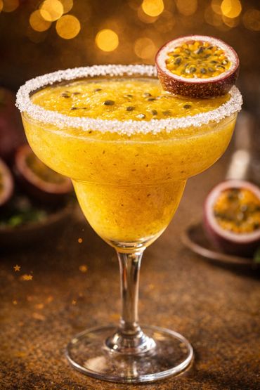 A vibrant passion fruit margarita with a sugar rim and fresh passion fruit garnish.