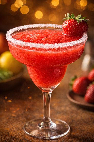 A vibrant strawberry margarita with a sugared rim and fresh strawberry garnish.