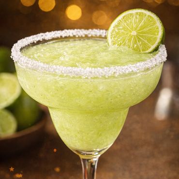 Frozen lime margarita with a salted rim and lime garnish.
