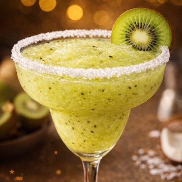 A kiwi margarita garnished with a kiwi slice and salt rim.