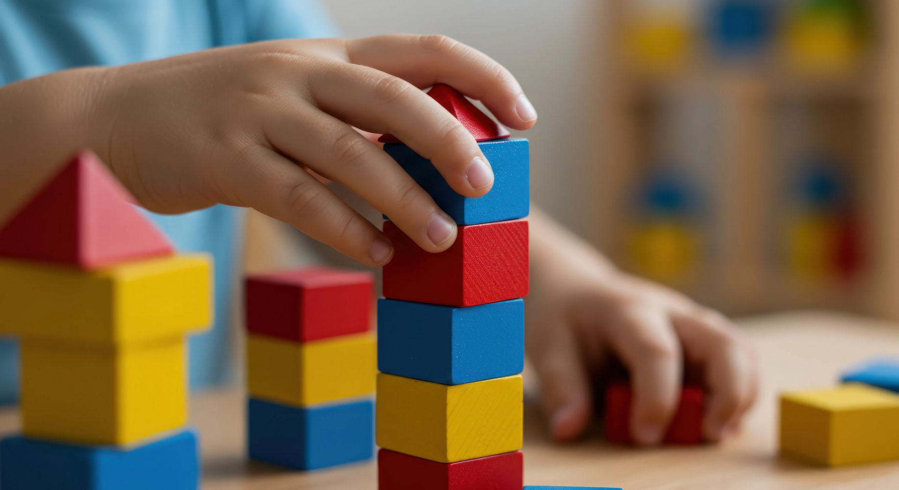 Child stacking colorful wooden blocks in a tower.