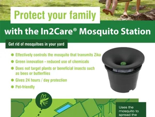 Advertisement for In2Care Mosquito Station protecting families from mosquitoes.