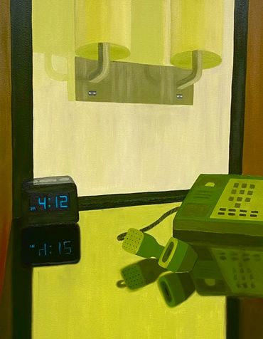 A chartreuse hotel bedside table containing a fuzzy reflection of a digital clock and an old phone.