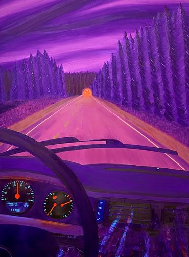 A violet hued road from the point of view of a driver. It is implied that the car is out of control.