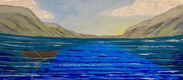 Mountains surround a bright blue lake with a dreamy sky above. There is a boat sitting on the water.