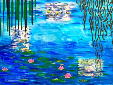 An amalgamation of different art styles that make a recreation of Claude Monet's 1916 Water Lillies.