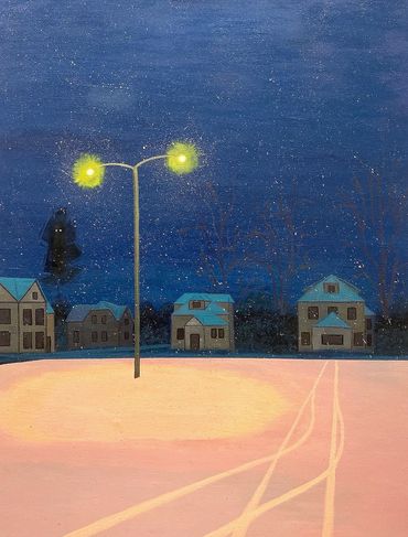 Here we see a snowy night sky, a house scattered horizon, and a snow covered parking lot.