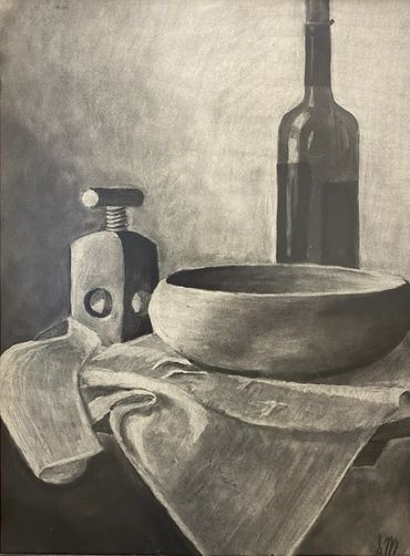A still life containing a bottle, bottle opener, bowl, and cloth, all placed on a small table.