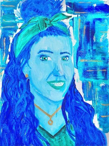 A blue hued painting of a friend.