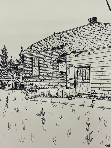 An outdoor scene of the Tom's Lock Van parked next to a somewhat decrepit looking house.