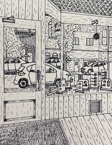 An interior storefront drawing of Tom's Lock Service with lock displays seen in the front window.