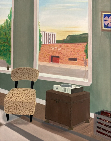 A painting of a living room that has a chair and record player. We can see a road out the window.