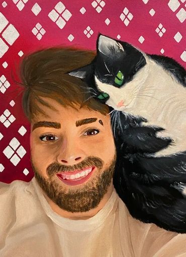 A painting of myself laying down and smiling with my cat Cheeto laying next to my head.