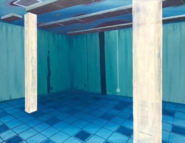 An abandoned room encompassed in a blue hue. Ghostly columns support the room.