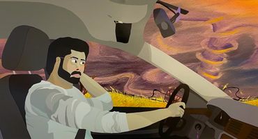 A digital collage of the previous painting. The drive looks calmly off into the distance.