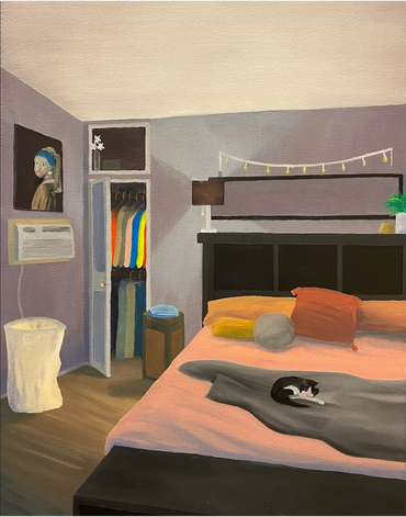 A scene of a warmly light bedroom with its closet door open. We can see a cat laying on the bed.