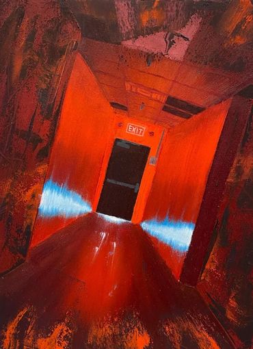 A glowing red hallway with door at the end. Blue light cascades up the walls from under the door.