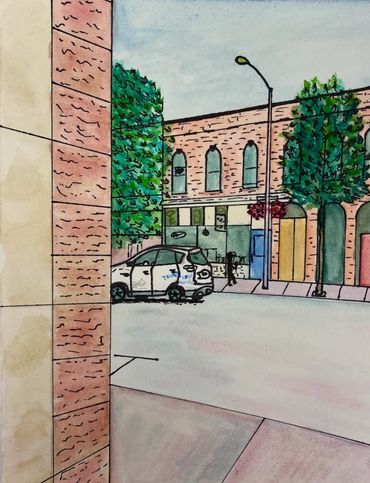 A watercolor painting looking at the Tom's Lock storefront from across the road.