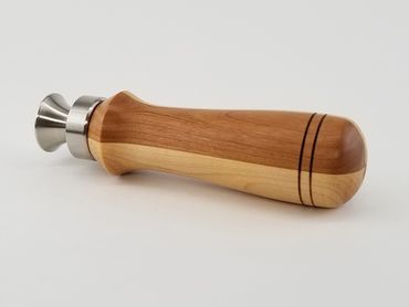 Custom stainless bottle opener (Ruth Niles design) with turned handle in cherry and hard maple