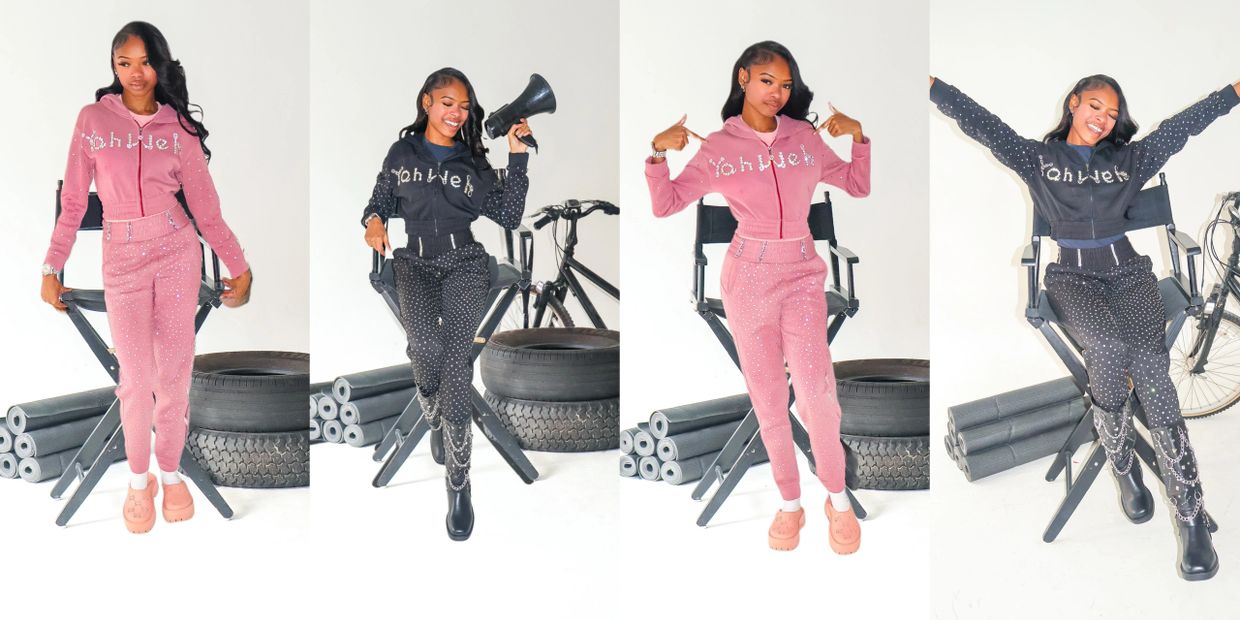 Two women modeling stylish, embellished tracksuits in pink and black with casual footwear and accessories.