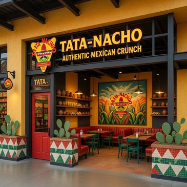 Colorful Mexican-themed restaurant named Tata-Nacho with festive decor.