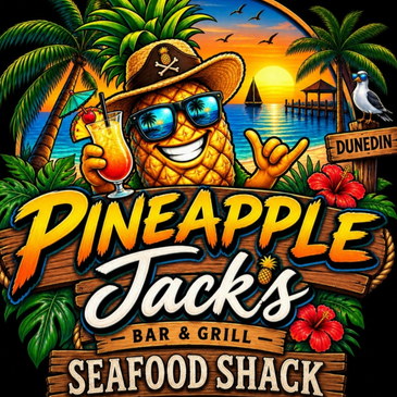 Cartoon pineapple enjoying a tropical sunset at Pineapple Jacks seafood shack.