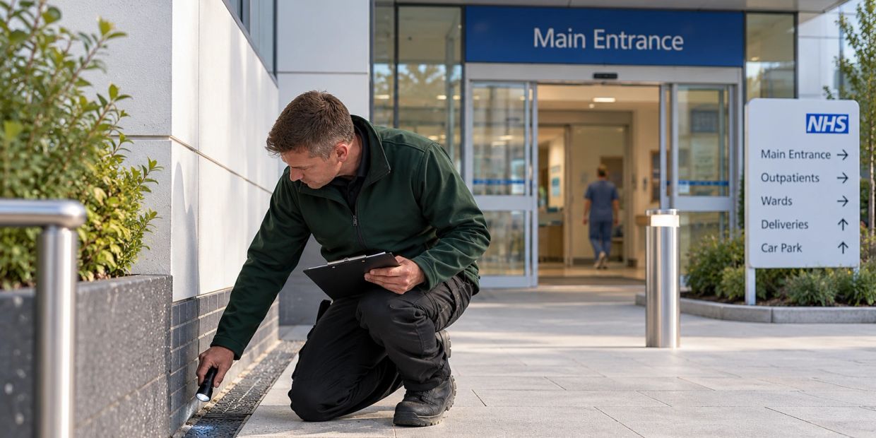 Man inspecting outside hospital entrance with flashlight.
