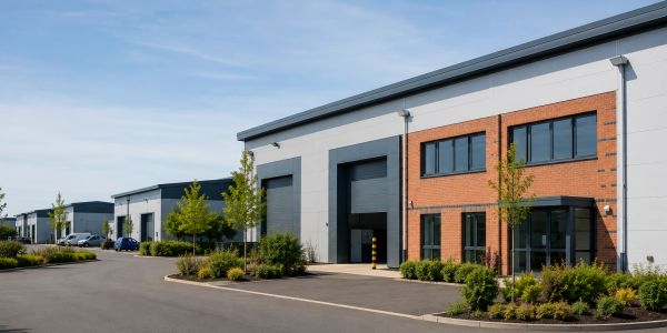 Modern industrial buildings with clear skies.